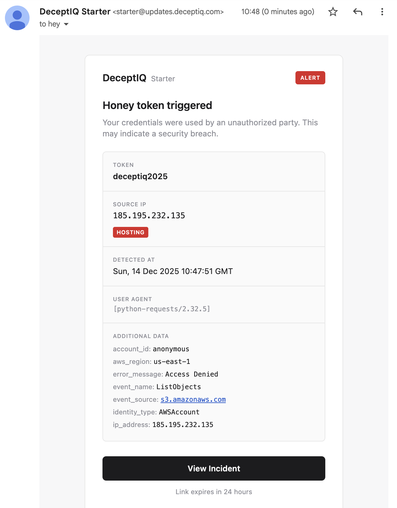 Email alert showing the honey token was triggered
