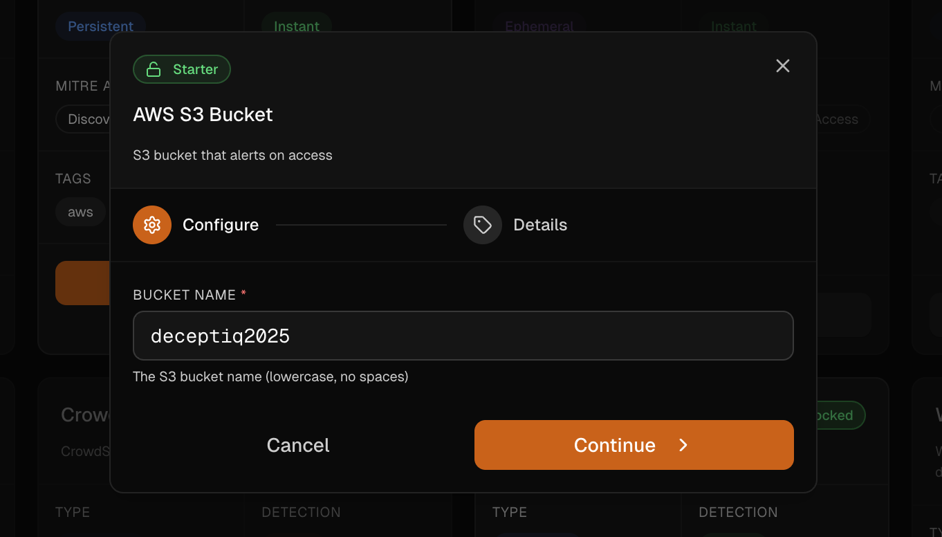 Creating an S3 honey bucket in DeceptIQ
