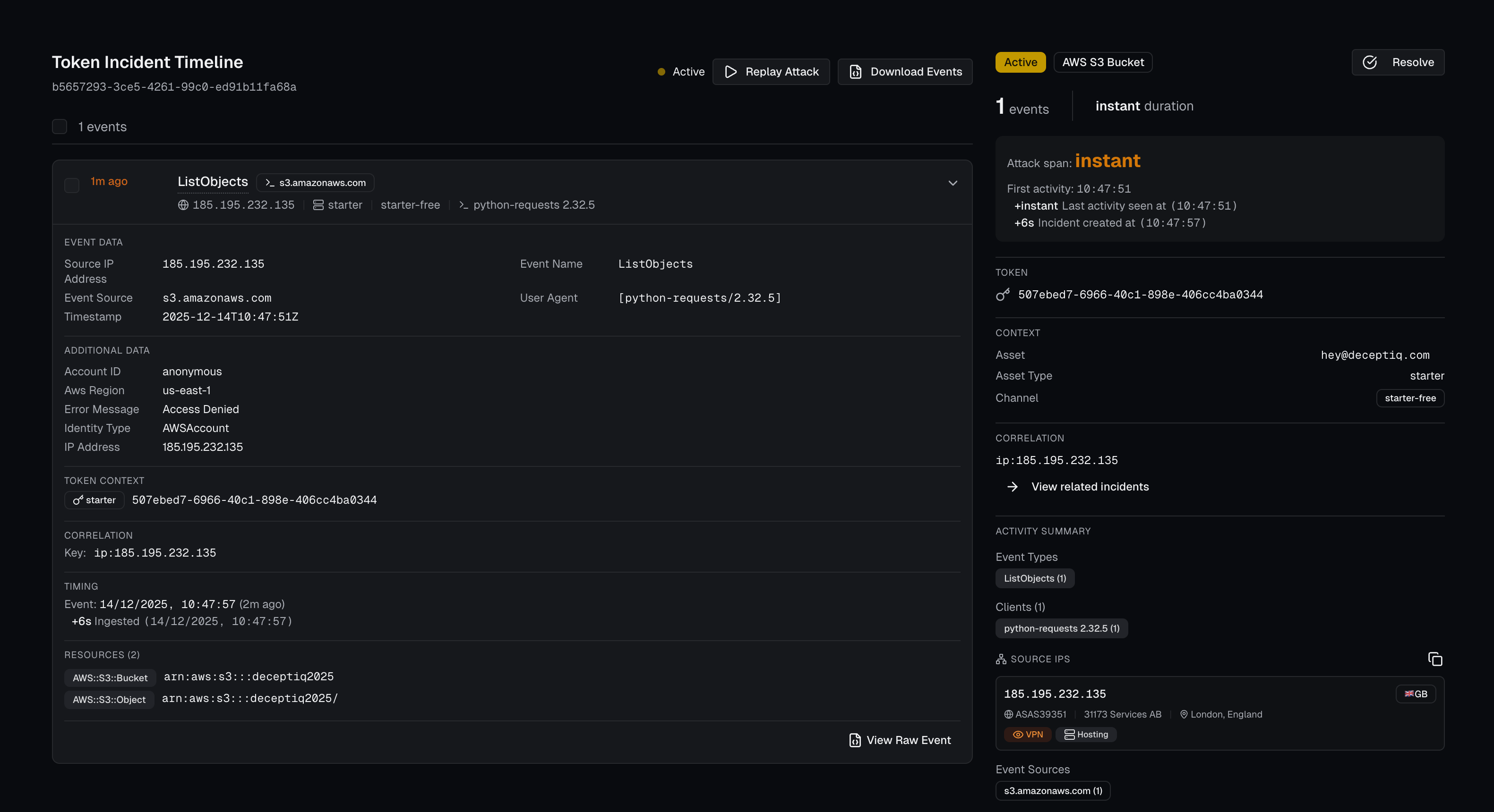 Token incident timeline showing full event details